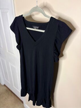 August Silk Black V-Neck Ruffle Sleeve Dress #1102